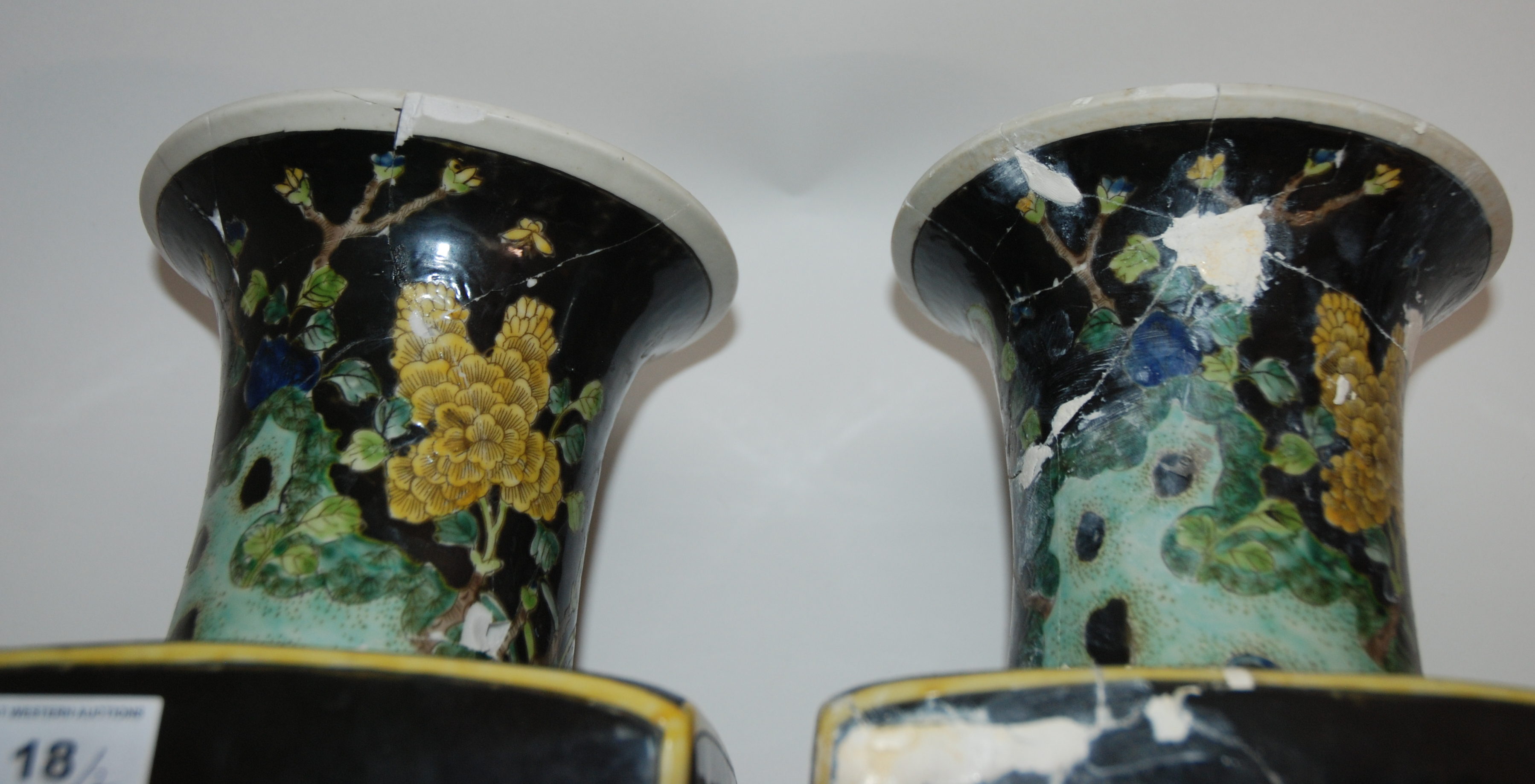 A PAIR OF CHINESE FAMILLE NOIRE SQUARE SHAPED VASES painted with storks amongst aquatic foliage, six - Image 10 of 12