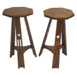 TWO OAK ARTS AND CRAFTS OCCASIONAL TABLES the octagonal top raised above heart pierced tapering