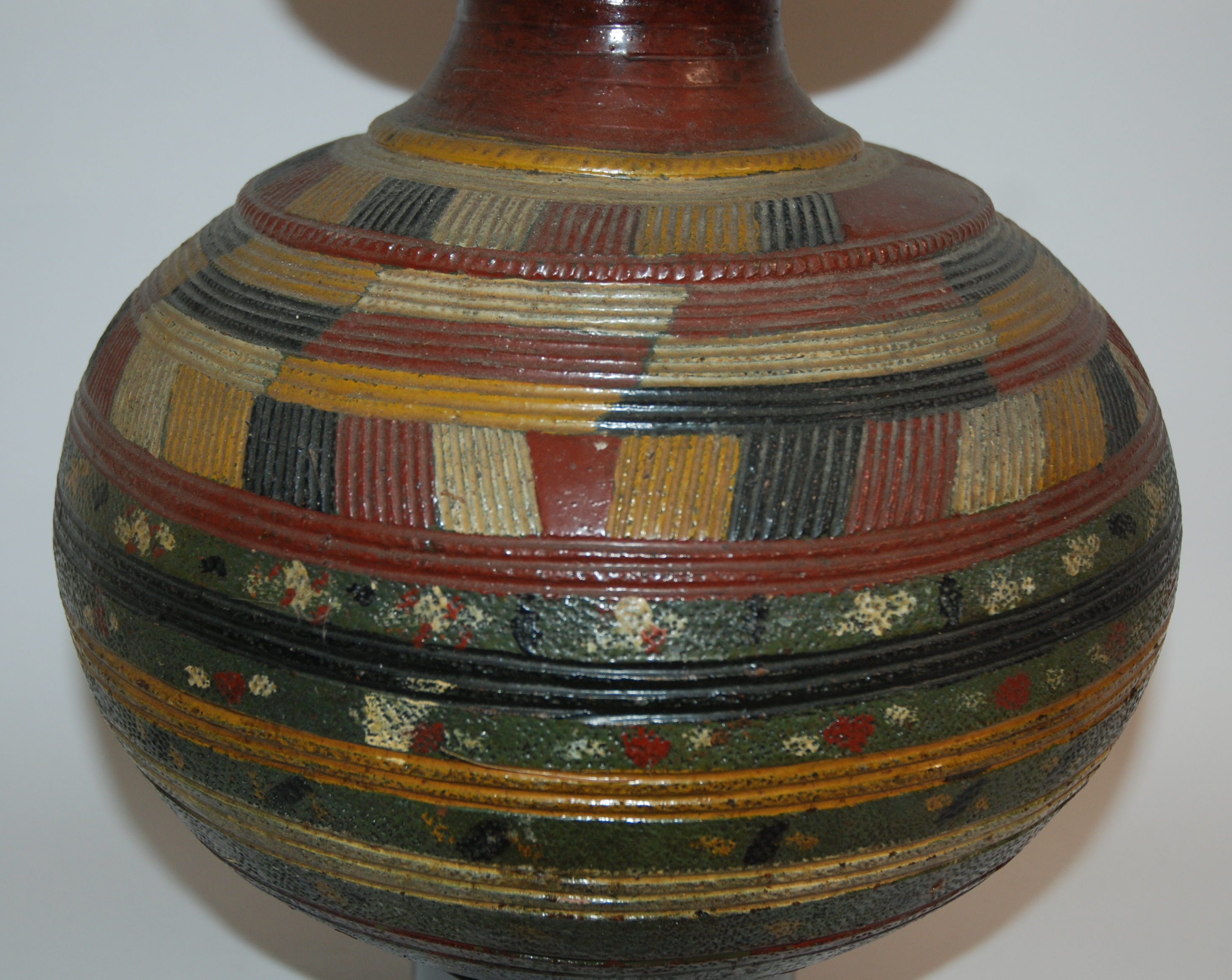 A NIGERIAN POTTERY GOURD SHAPED VESSEL incised and painted with geometric banding in colours, 36cm - Image 2 of 8