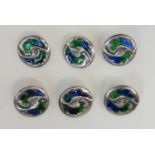 A CASED SET OF SIX ARTS AND CRAFTS SILVER AND ENAMEL BUTTONS by William Hair Haseler, Birmingham