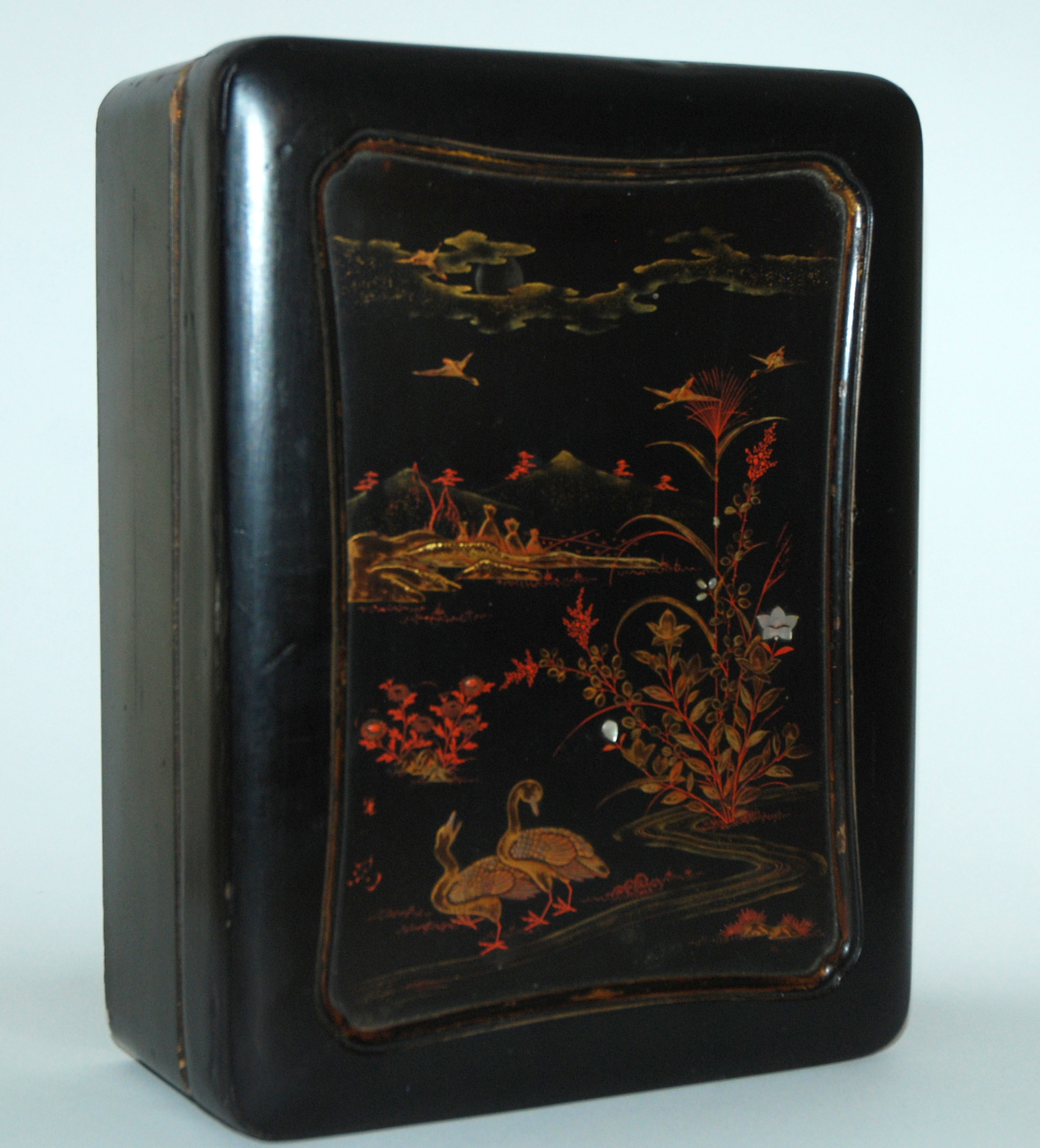 A CHINESE BLACK LACQUERED GAMES BOX the cover decorated with birds and flowers in a river landscape, - Image 2 of 9