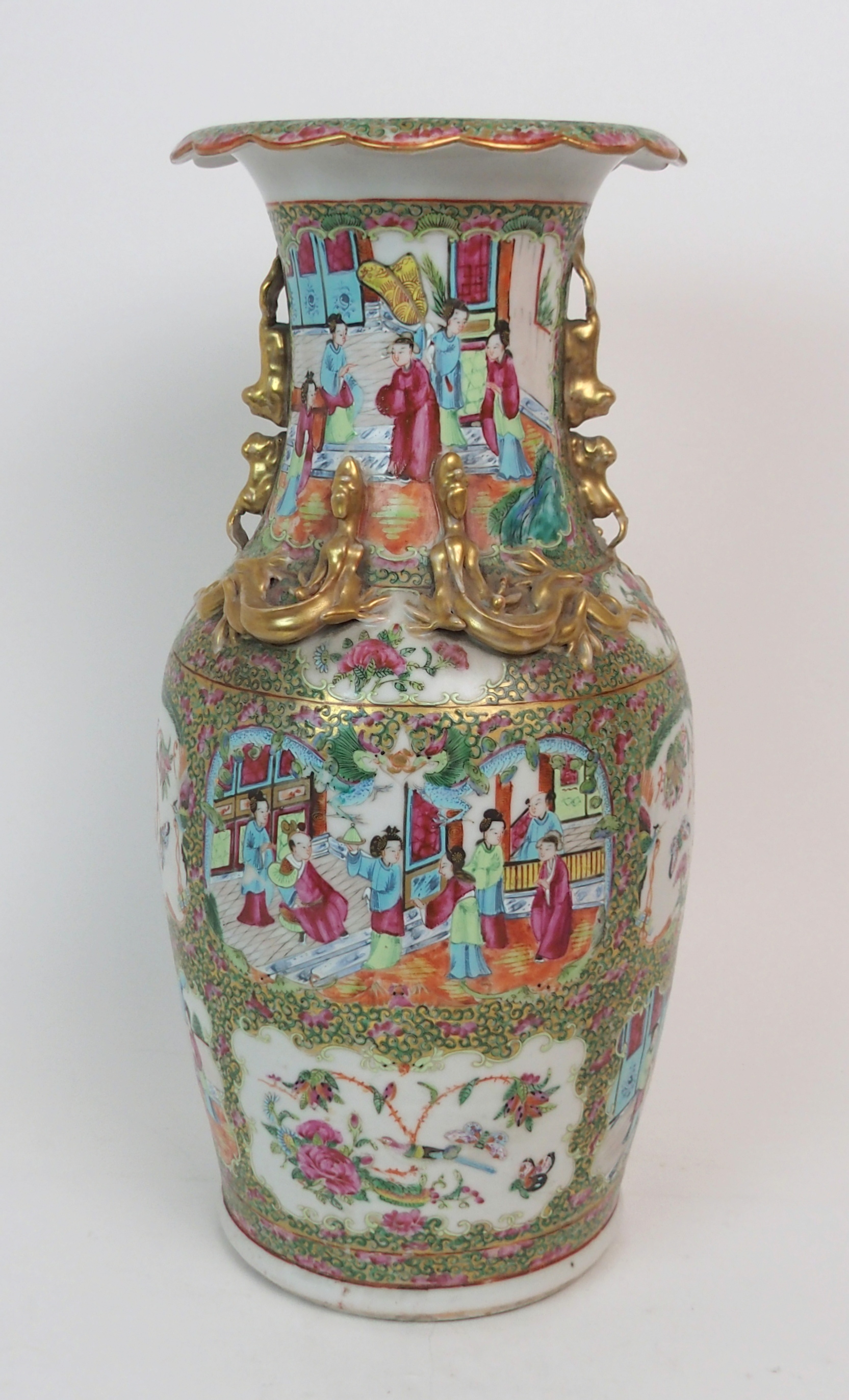 A CANTONESE BALUSTER VASE painted with panels of figures on balconies, birds, flowers and insects - Image 2 of 12