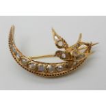 A CONTINENTAL YELLOW METAL CRESCENT MOON AND SWALLOW BROOCH both set with rose cut diamonds the
