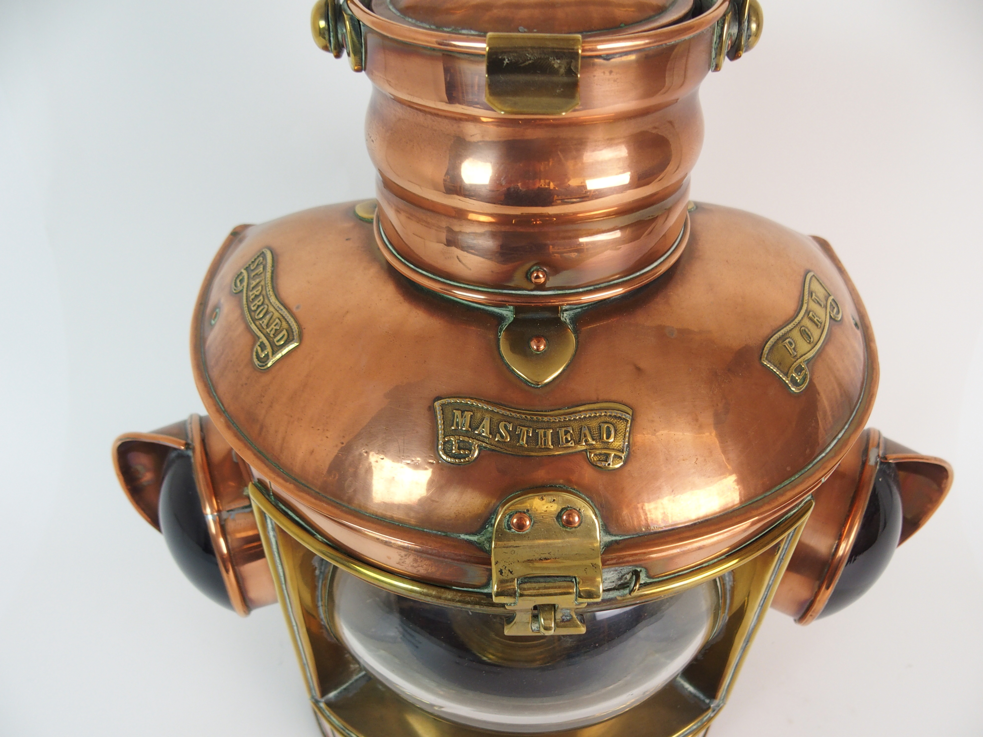 A VICTORIAN COPPER PORT & STARBOARD SHIPS LANTERN with hinged top and swing handle, with interior - Image 3 of 10