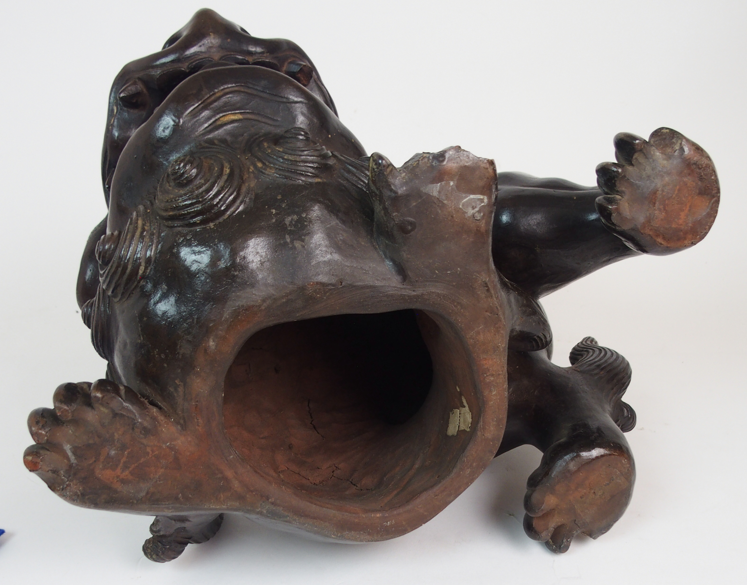 A LARGE CHINESE PAINTED TERRACOTTA BUDDHISTIC LION modelled in aggressive stance with mouth roaring, - Image 8 of 9