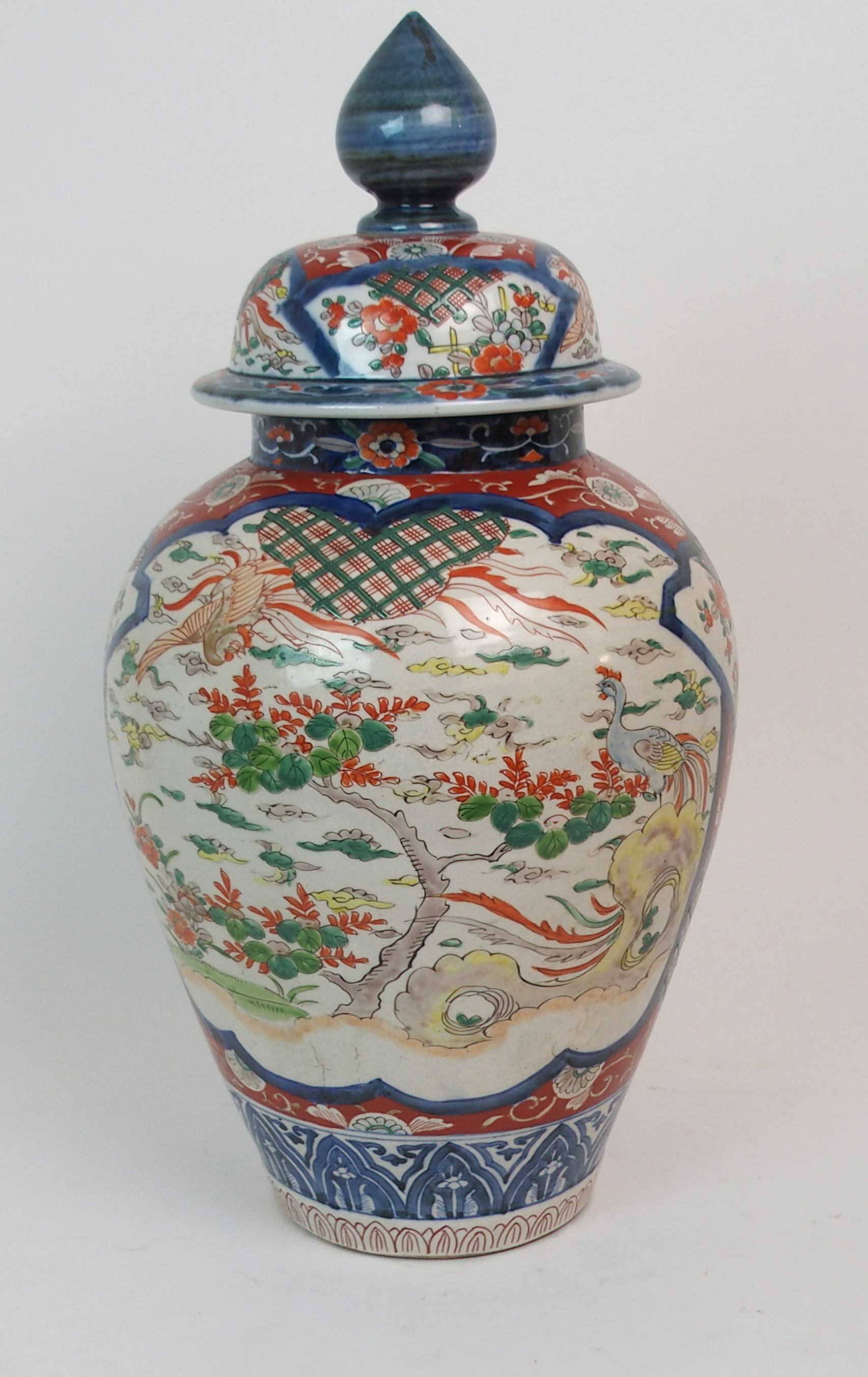 A JAPANESE IMARI BALUSTER VASE AND COVER painted with Ho-o birds, foliage and diaper within framed - Image 2 of 7