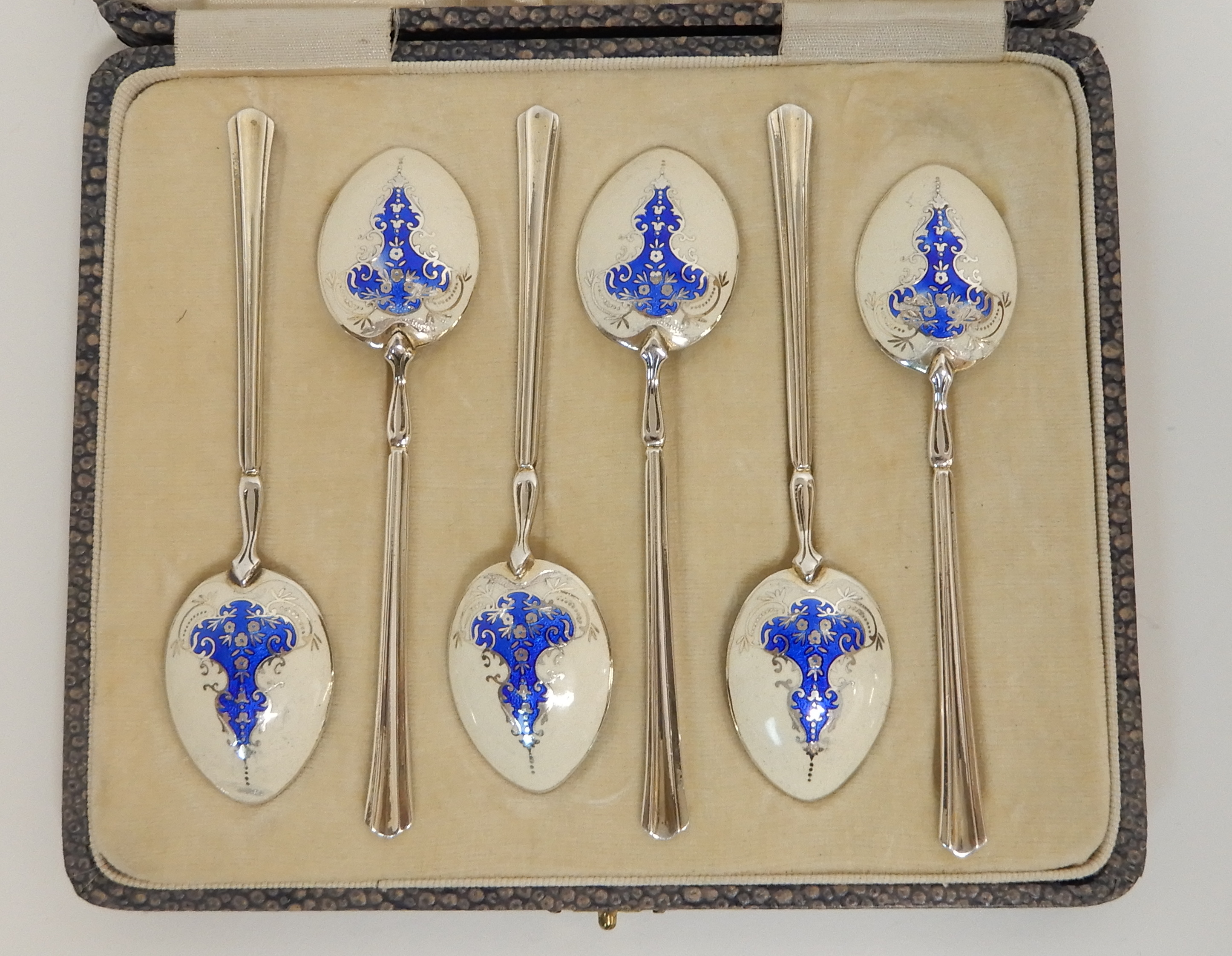 A CASED SET OF SIX SILVER AND ENAMEL COFFEE SPOONS by Turner & Simpson Limited, Birmingham 1935, the - Image 3 of 10