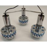 A 1970'S THREE BRANCH CEILING LIGHT the three chrome lights with blue bubble perspex insets with
