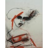 •RONALD RAE (SCOTTISH B. 1946) FOURTH GIRL AT BAR Charcoal and pastel, signed, inscribed with