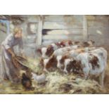 GEORGE SMITH RSA (SCOTTISH 1870-1934) TENDING THE COWS Oil on board, signed, 29 x 39.5cm (11 1/2 x
