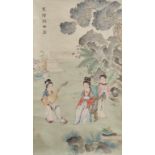 A CHINESE SCROLL PAINTING decorated with a lady and attendants, signed, watercolour,86 x 51cm