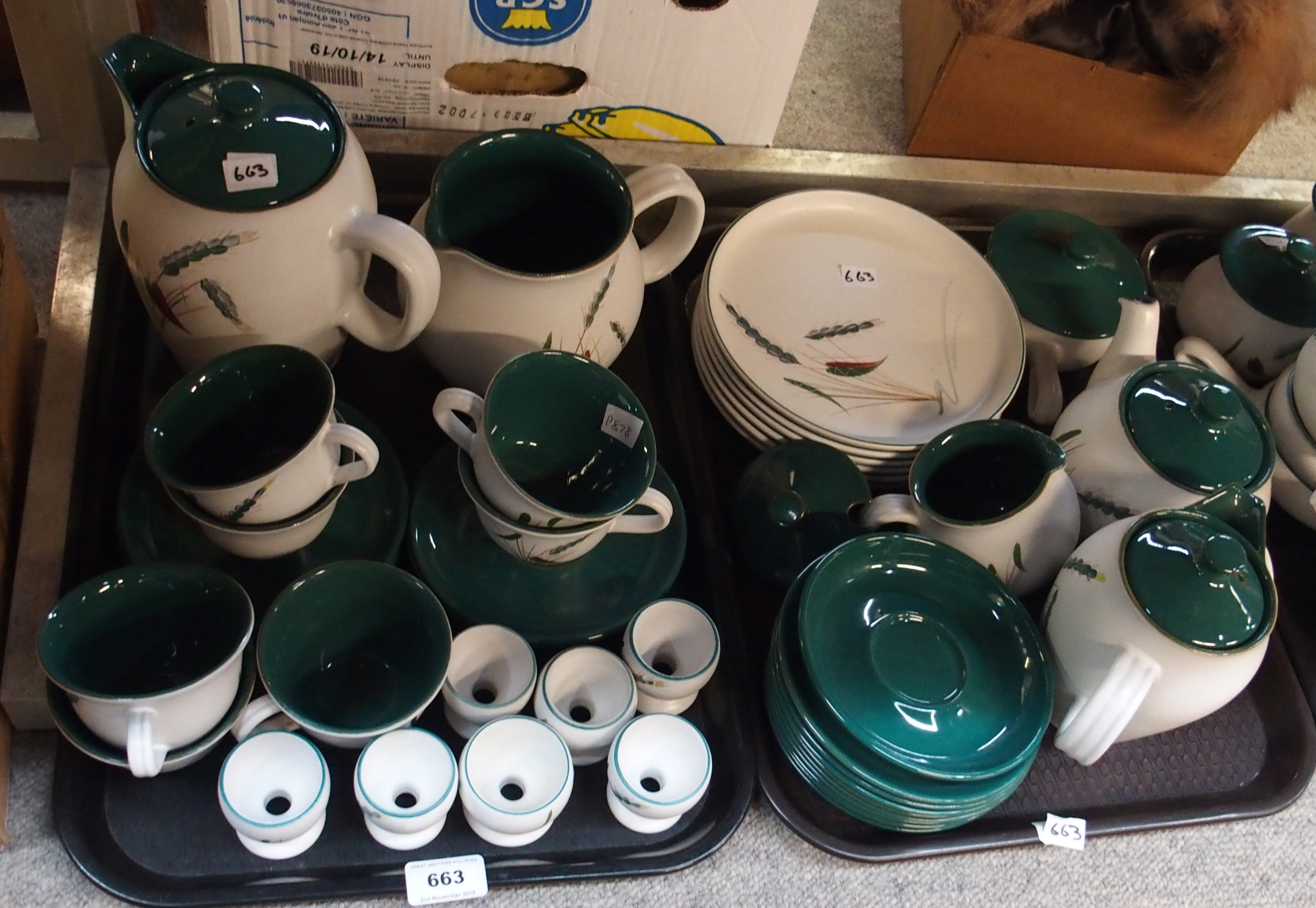 An extensive collection of Denby Greenwheat tablewares including soup coupes, cups, saucers,