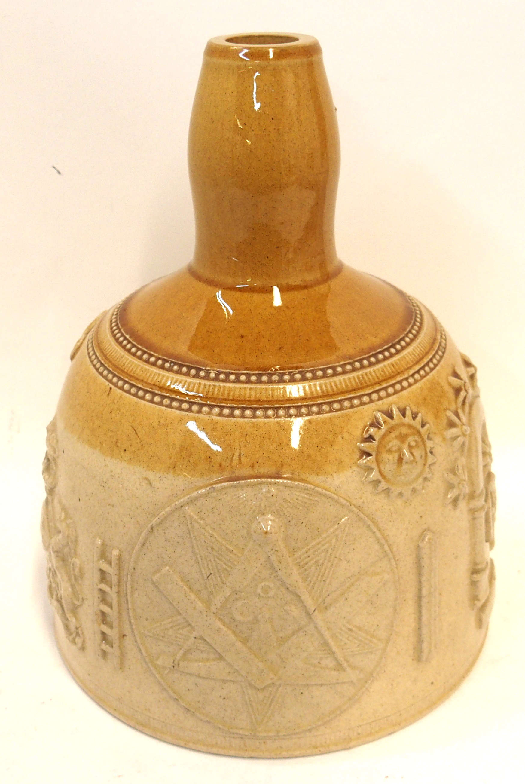 A Mason's Mallet whisky decanter in brown and tan glaze with raised Masonic symbols with central - Image 2 of 6