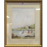 IRVINE RUSSELL Boats moored in a bay before a castle, signed, watercolour, 37 x 28cm Condition