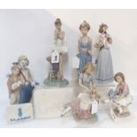 Lladro figure of a girl and a clown, five other Lladro figures including a ballerina and two plaques