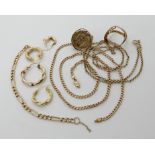 A 9ct gold belcher chain length 56cm, a 9ct curb chain length 49cm and a collection of gold and