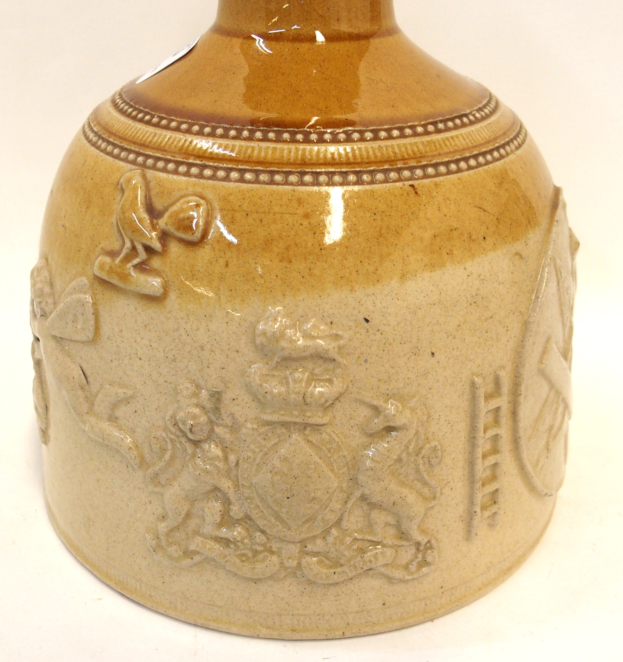 A Mason's Mallet whisky decanter in brown and tan glaze with raised Masonic symbols with central - Image 5 of 6