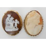 Two 9ct gold mounted cameo brooches dimensions 4.8cm x 3.8cm, 4.7cm x 3.7cm, weight combined 20gms