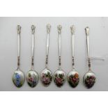A cased set of six silver and enamel coffee spoons, Birmingham 1965 Condition Report: Available upon