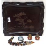 A Russian painted brooch, a Japanese carved hardwood tray, an agate necklace and a pair of Indian