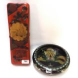 A red lacquered and shell inlaid glove box together with a dragon decorated cloisonne vase Condition