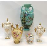 A Victorian painted glass two handled vase, two Coalport urns and covers, Limoges vase and a