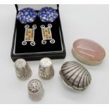 Two pairs of silver and enamel designer made earrings, a scallop shell shaped continental silver