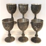 Six pewter Excalibur goblets depicting Merlin, Morgan Le Fay, Lancelot, King Arthur, Guinevere and