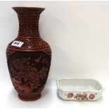 A red cinnabar lacquered vase together with a transfer printed shallow dish Condition Report: