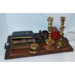 A collection of miscellaneous including brass candlesticks, table bell, tea tray etc Condition