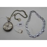 A lot comprising a silver pocket watch on white metal Albert, a 9ct stone set ring and a white metal