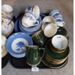 A Queen's Out of the Blue part dinner service and a French green glazed cafe style coffee set with