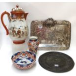 A Japanese silver plated tray decorated Geishas in a landscape together with a Kutani coffee pot,