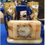 A pair of flo-blue iris decorated vases together with an onyx clock Condition Report: Available upon