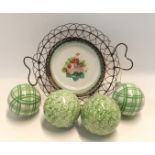 Four Scottish pottery carpet bowls, including two sponge work examples in a wirework bowl