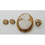 A 9ct gold mounted shell cameo brooch, together with an 18ct gold cameo ring, (head in 9ct) with