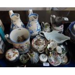 Assorted pottery and porcelain jugs including a sparrowbeak example (af), a Staffordshire frog mug
