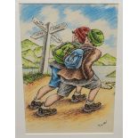 GRAHAM MCKEAN Happy hikers, signed, pastel, pen and ink, 29 x 20cm Condition Report: Available upon
