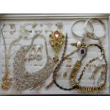 Diamante statement necklaces, a pair of silver cz flower earrings, and other items Condition Report: