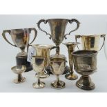 A lot comprising seven assorted silver trophy cups, a silver case and a small cup, the biggest cup