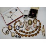 A silver and lapis lazuli necklace, Limoges plaque brooches and other items Condition Report: Not