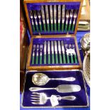 A lot comprising a cased twenty four piece dessert cutlery set and a cased set of serve-alls (2)