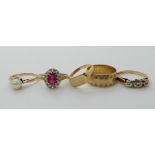 A 9ct gold pink and clear gem set ring, size M1/2, a 9ct gold pearl set ring size J1/2, a 9ct