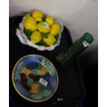 A Majolica glazed stand, an Italian pottery group of lemons and an iridescent glass vase Condition