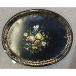 A large oval papier mache tray painted with a bouquet of flowers, 77cm long Condition Report: