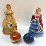A WH Goss figure, Lady Betty, a Crown Devon Sutherland figure and two glass paperweights Condition