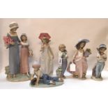 Six Lladro figures including sisters holding flowers, a boy with a baseball bat, a boy with a