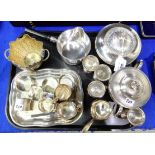 A tray lot of EP - sugar bowl, biscuit barrel, brandy pan, napkin rings etc Condition Report: