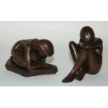 Two bronze figures of girls by D.J. Scaldwell, the bases signed and a James Skerrett china box and