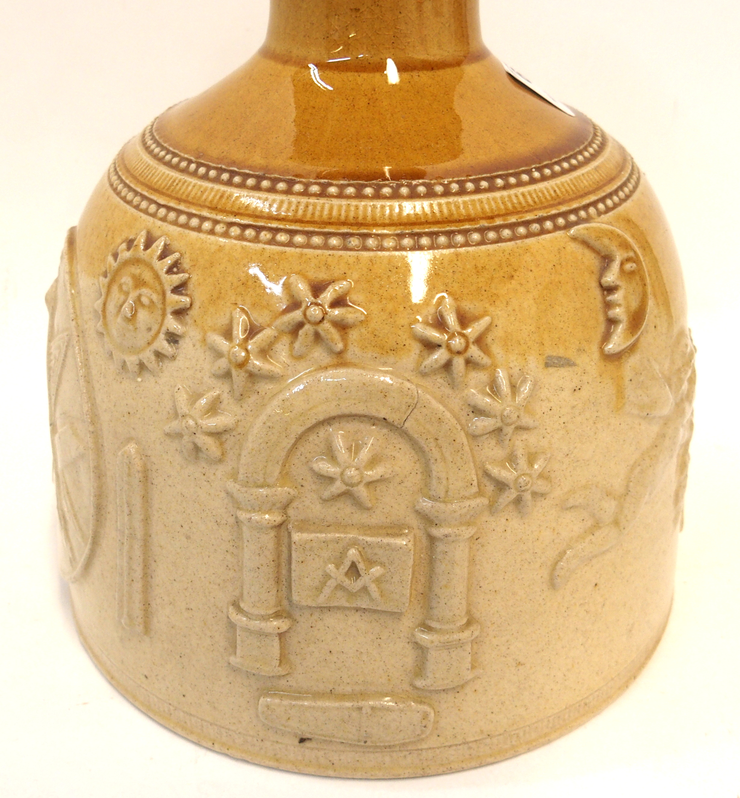 A Mason's Mallet whisky decanter in brown and tan glaze with raised Masonic symbols with central - Image 4 of 6